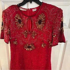 Vintage  Red and Gold Embellished Midi Dress